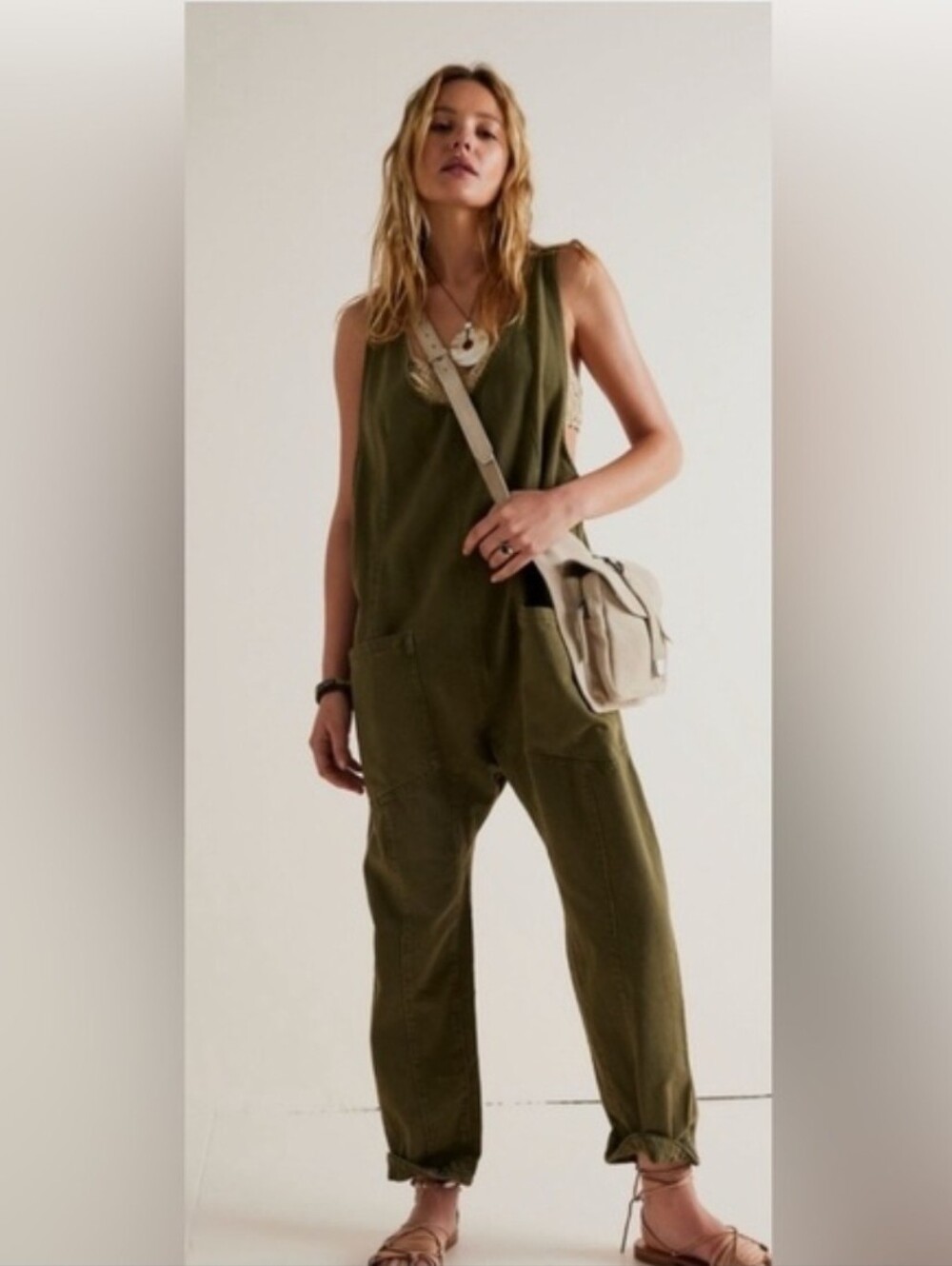 We The Free High Roller Jumpsuit, Olive Green, Size XL